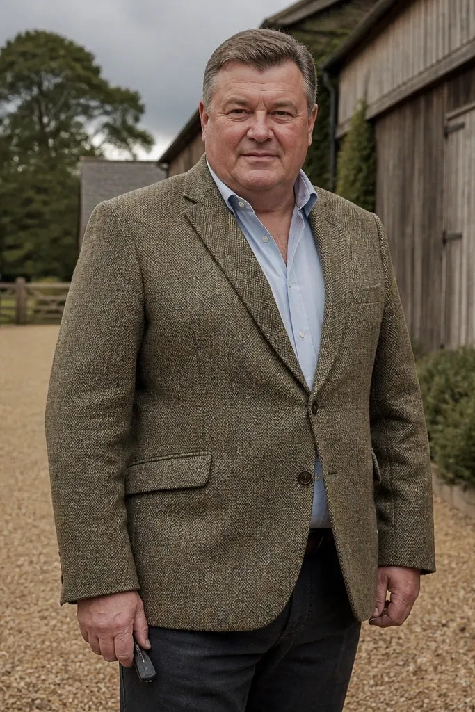 Tweed blazer with charcoal trousers, white shirt, and brown brogues