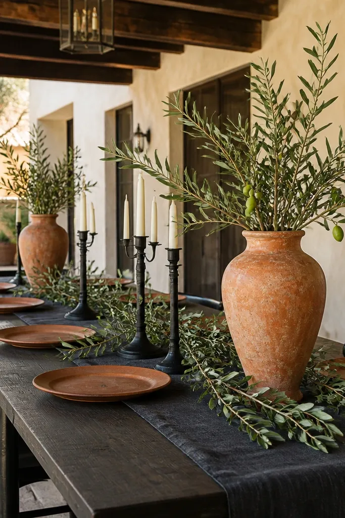 Olive linens, terracotta centerpieces, charcoal place cards, and black candles