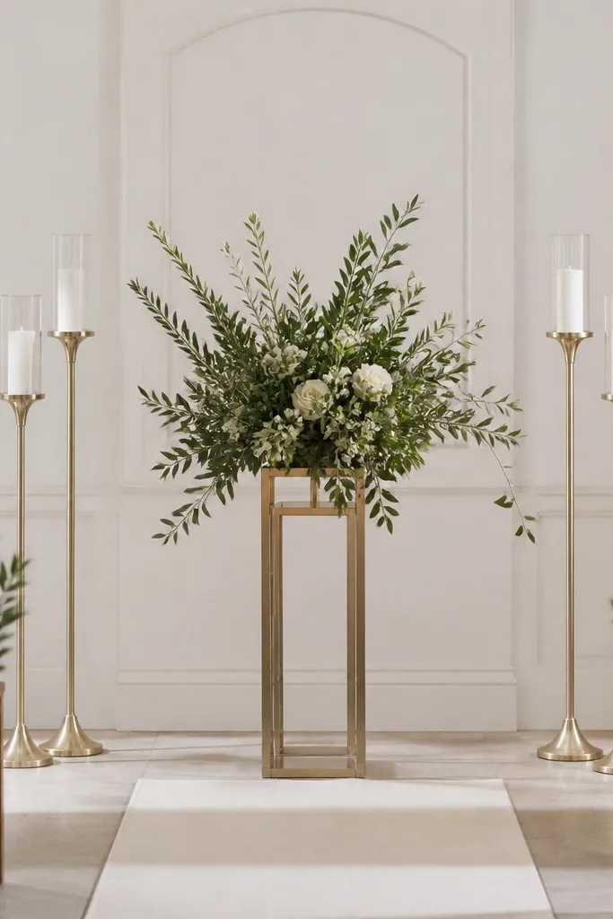 Olive candles, sage greenery, champagne tableware, and white space signage
