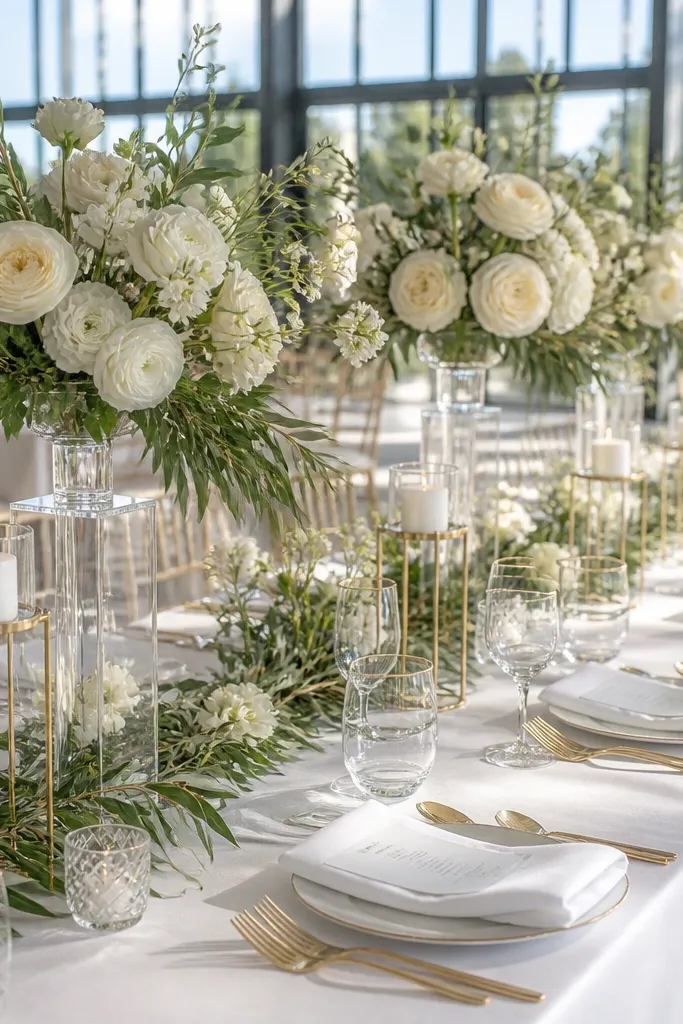 White tablecloth, olive runner, soft gold flatware, and olive-and-white florals