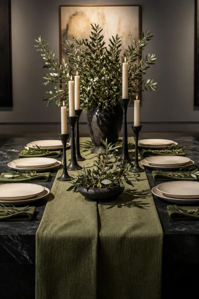 Black menu cards, cream tablecloth, olive greenery, and black taper candles