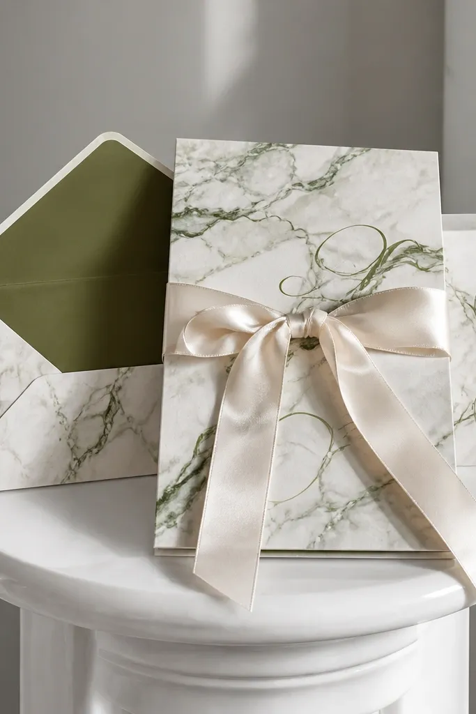 White stationery with olive green accents and olive foliage on marble decor