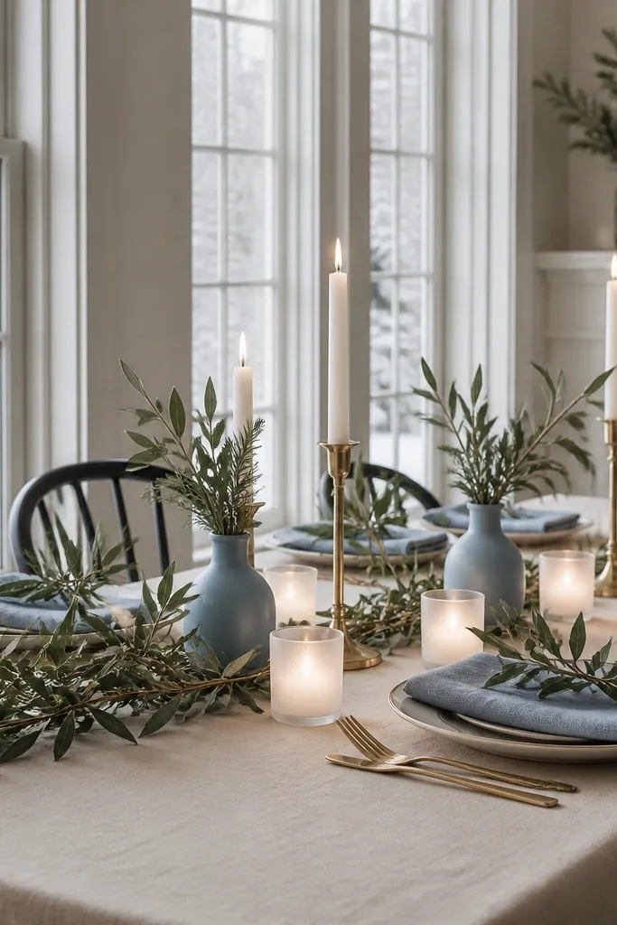 Soft ivory table runner, olive branches, powder blue napkins, and white candles
