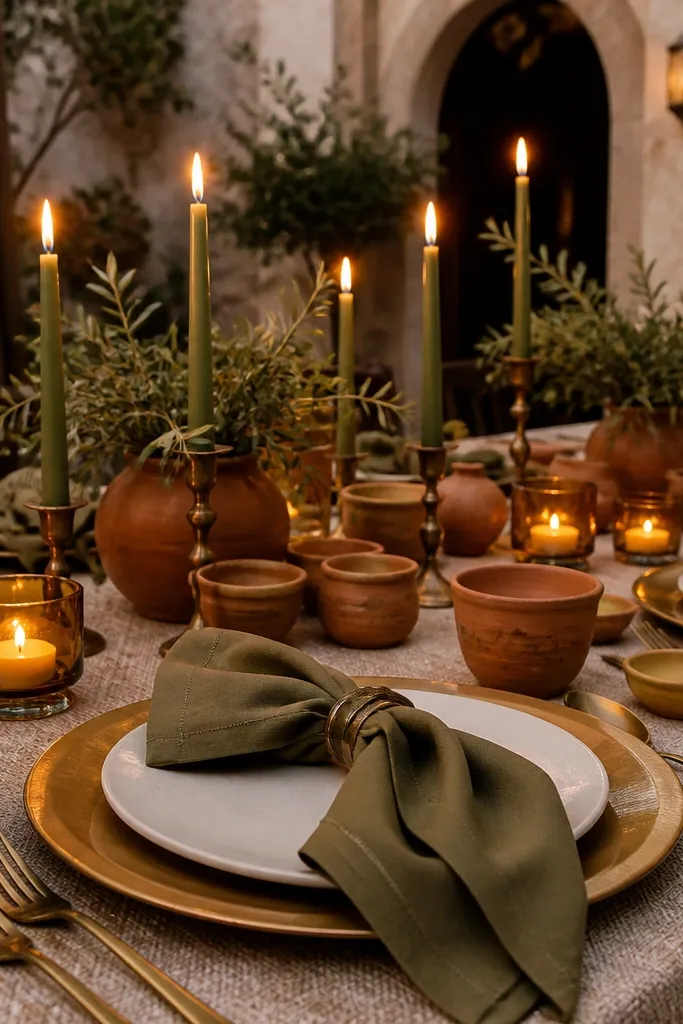 Champagne chargers, olive napkins, terracotta clay plates, and olive foliage centerpieces
