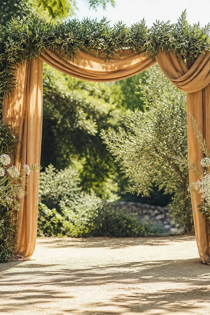 Camel aisle runner, olive greenery, and white wildflower bouquets with cream signage