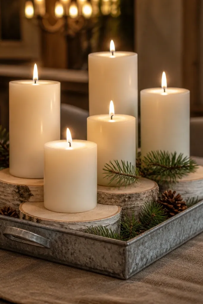 Galvanized tray with birch slices and two cream pillar candles
