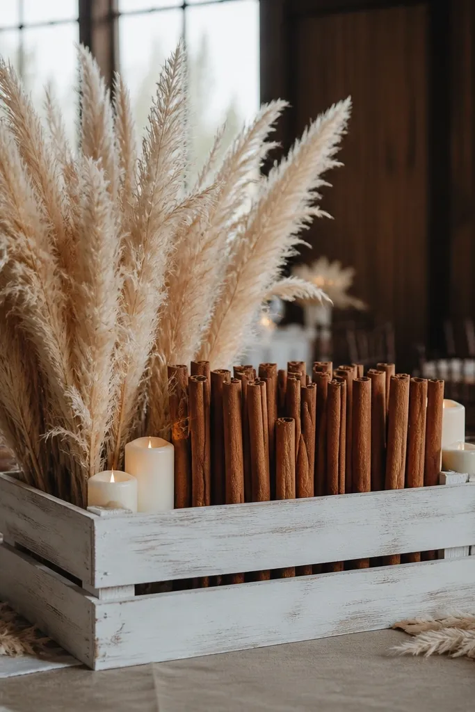 Whitewashed wooden crate holding dried pampas and cinnamon sticks