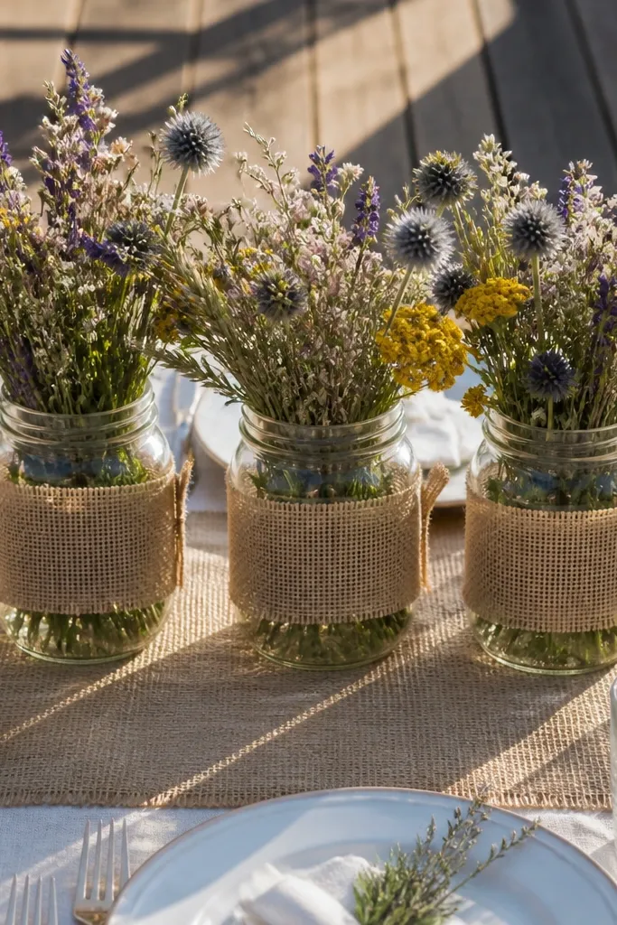 Burlap-wrapped mason jars with small dried wildflower stems