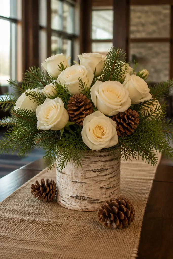 Birch bark vase with pine cones and cream roses