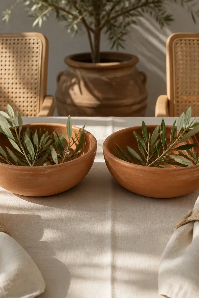 Terracotta bowls with olive branches and linen napkin rings
