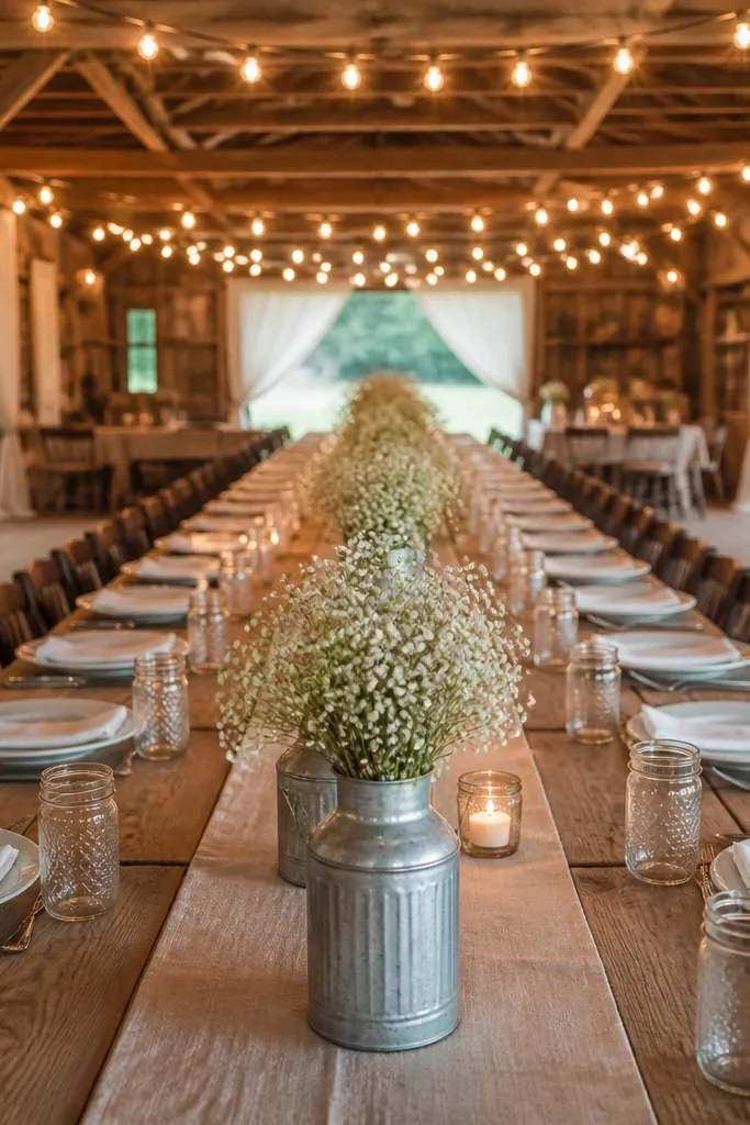 Galvanized bottles with airy baby's breath and greenery on a long table