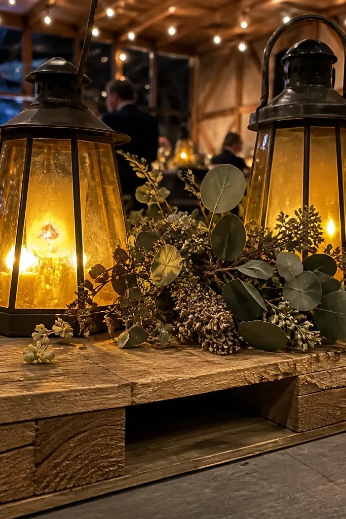 Wood pallet base with two lanterns and dried eucalyptus bundles
