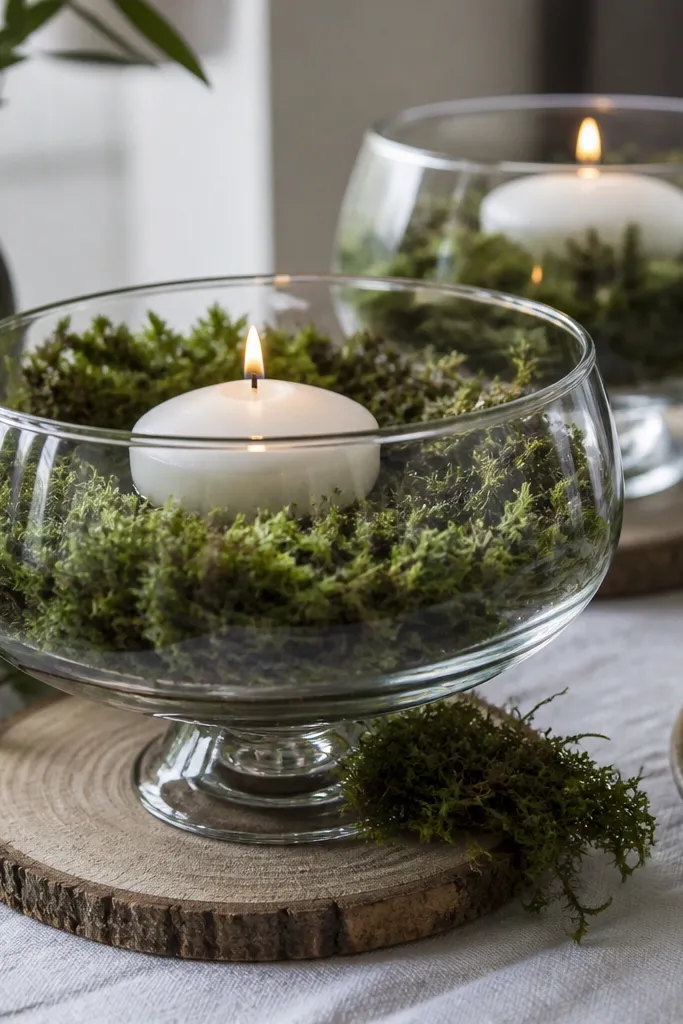 Clear glass bowl with moss and a floating candle