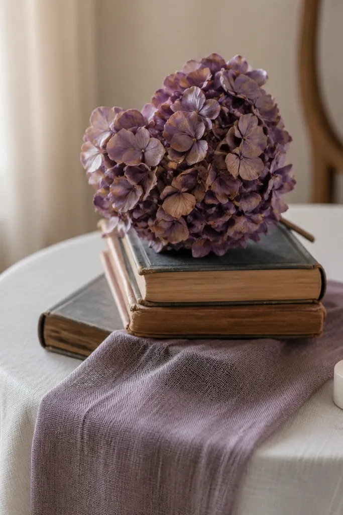 Stacked vintage books with a linen runner and a dried hydrangea head