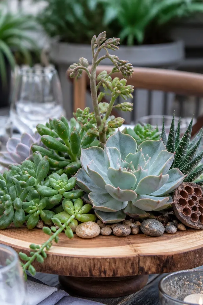 Wood slice compote with small succulent clusters