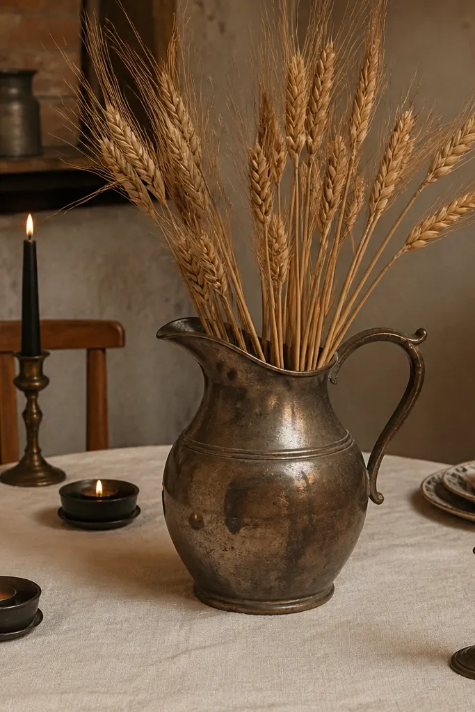 Antique metal pitcher with dried wheat and black tea candles