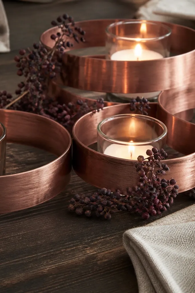 Copper ring arrangement with votive candles and dried berry sprigs