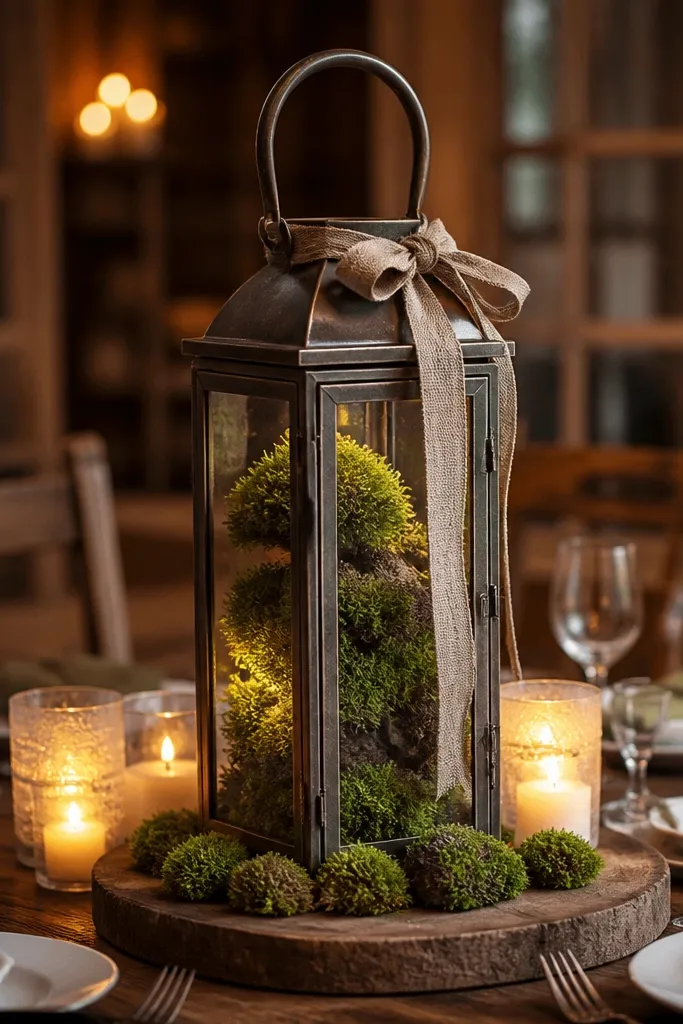 Tall mason lantern with preserved moss and a linen tie