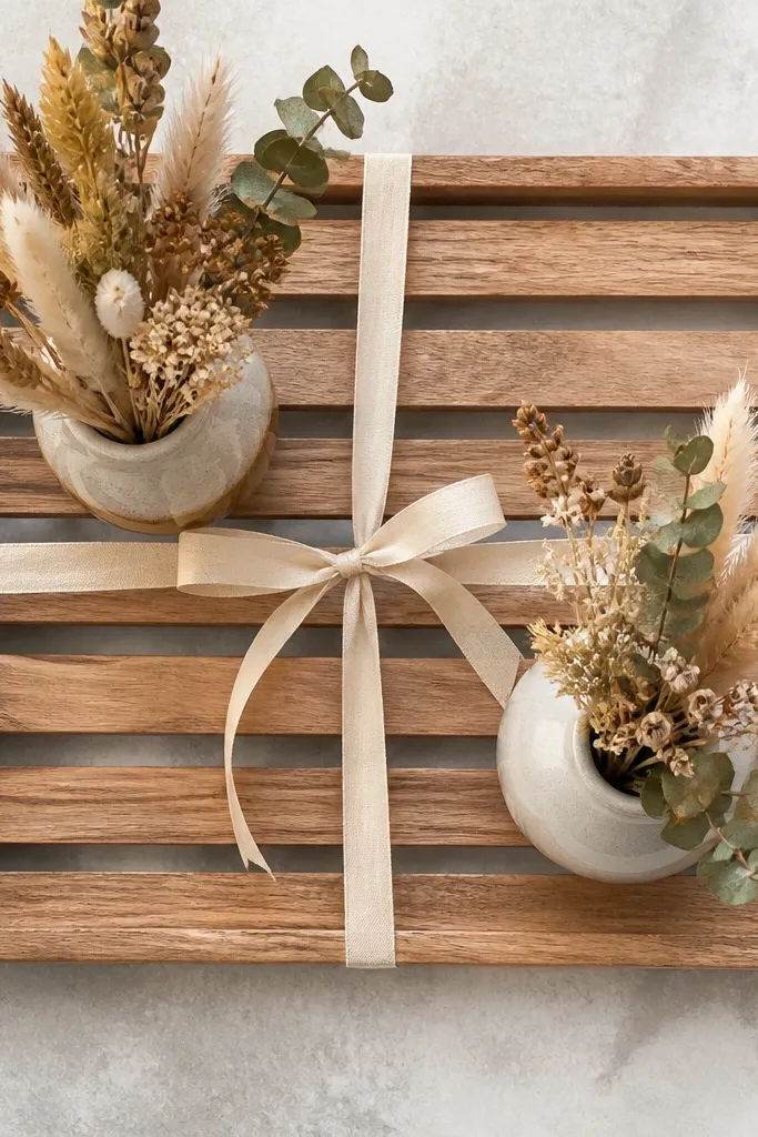 Wood slat tray holding small vases with dried flowers and neutral ribbon