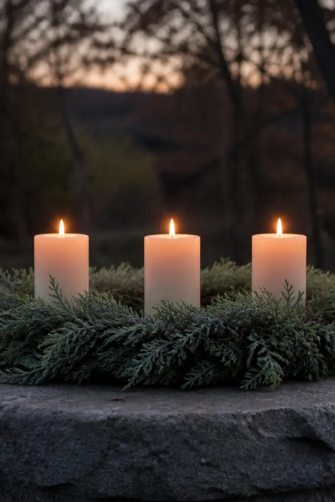 Cedar garland loop with three candles on a stone-like base