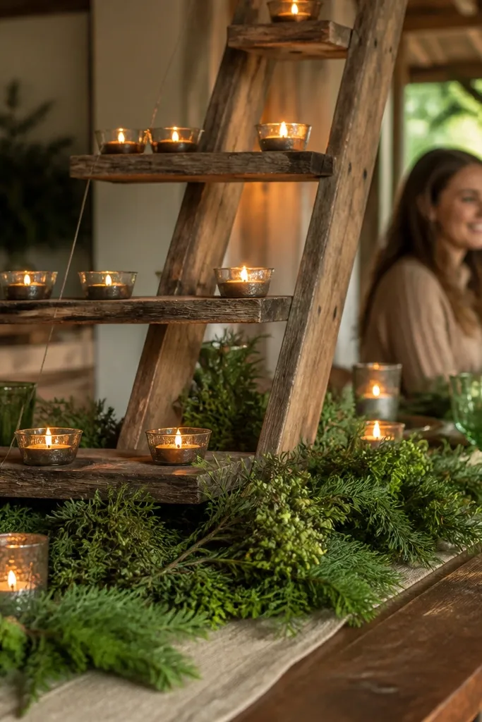 Small ladder-style candle holder with low greenery on steps