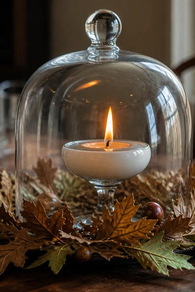 Glass dome with oak leaves and a floating soy candle