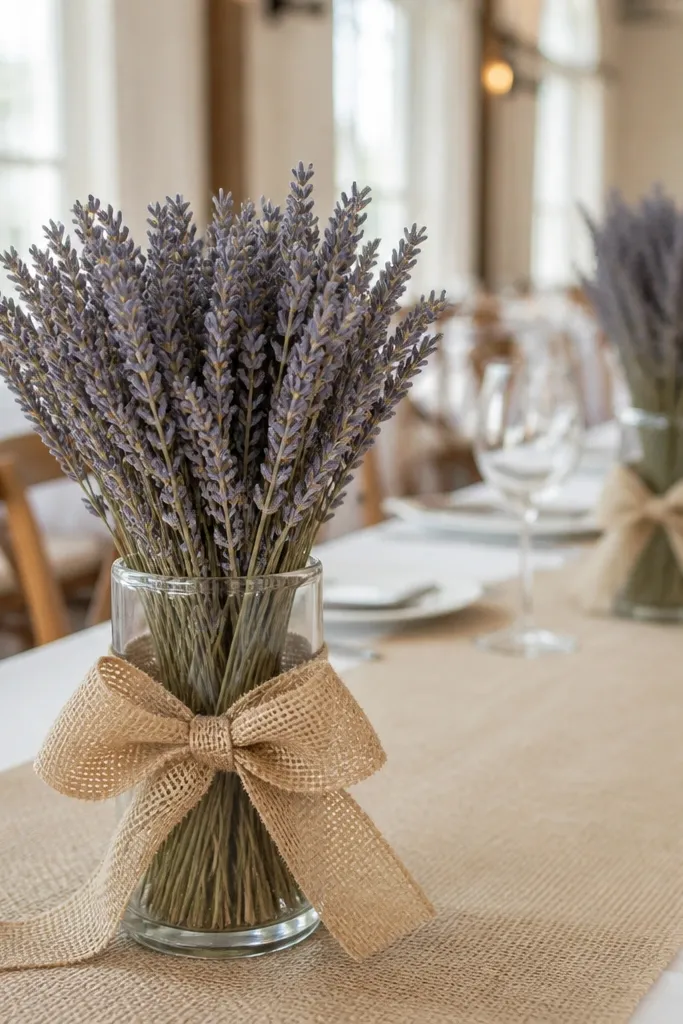 Short cylinder vases with dried lavender and burlap bows