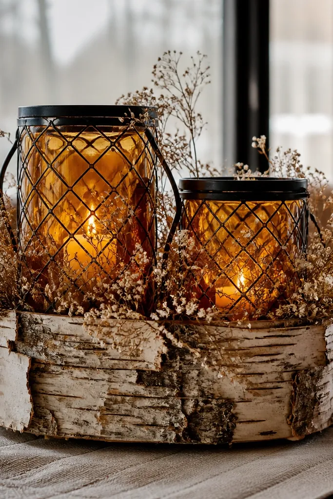 Birch bark wrapped candle lanterns with dried baby's breath