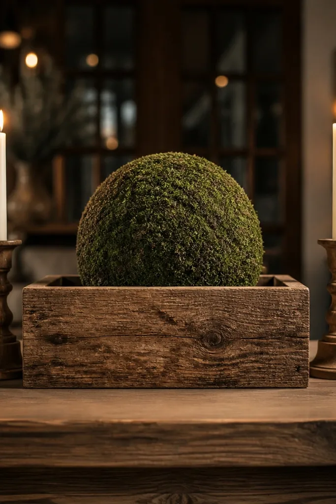 Cedar planter with a mossy topiary ball and two taper candles