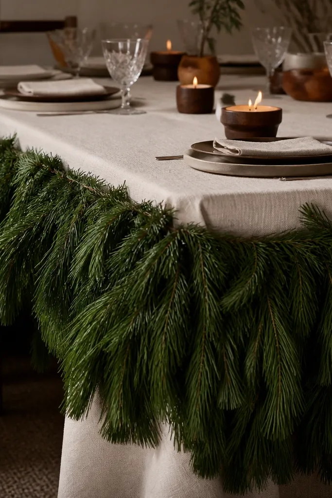 Low walnut candle cups on a pine-needle table skirt
