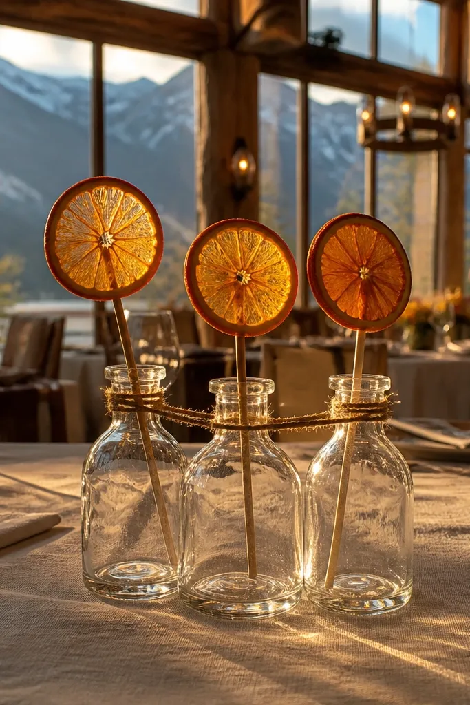 Clear bud vases with dried orange slices and thin twine