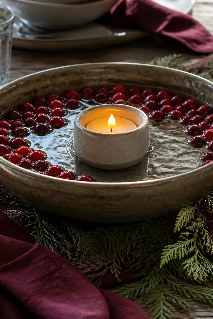 Large rustic bowl with water, floating cranberries, and an LED candle