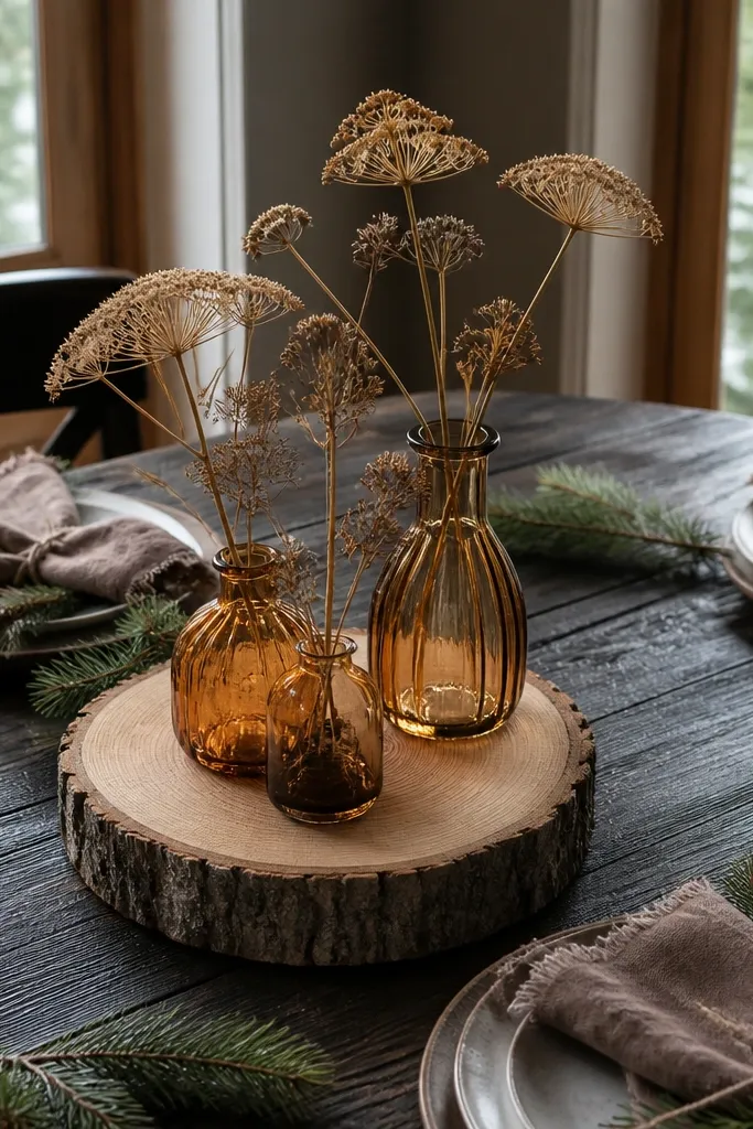 Sliced log charger with small vessels holding dried seed heads
