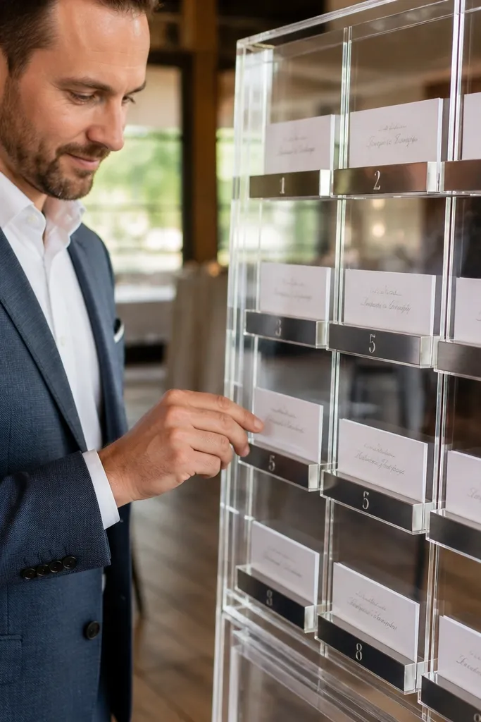 Clear acrylic frame with sliding name tags labeled by table number