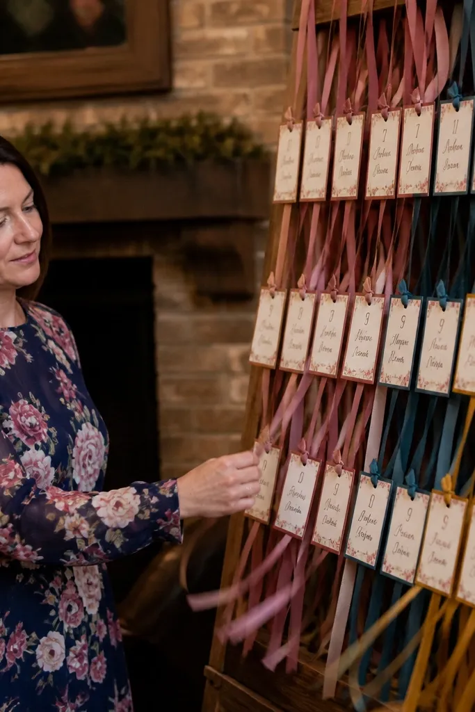 A ribbon wall where guests pull labeled ribbons to find table cards