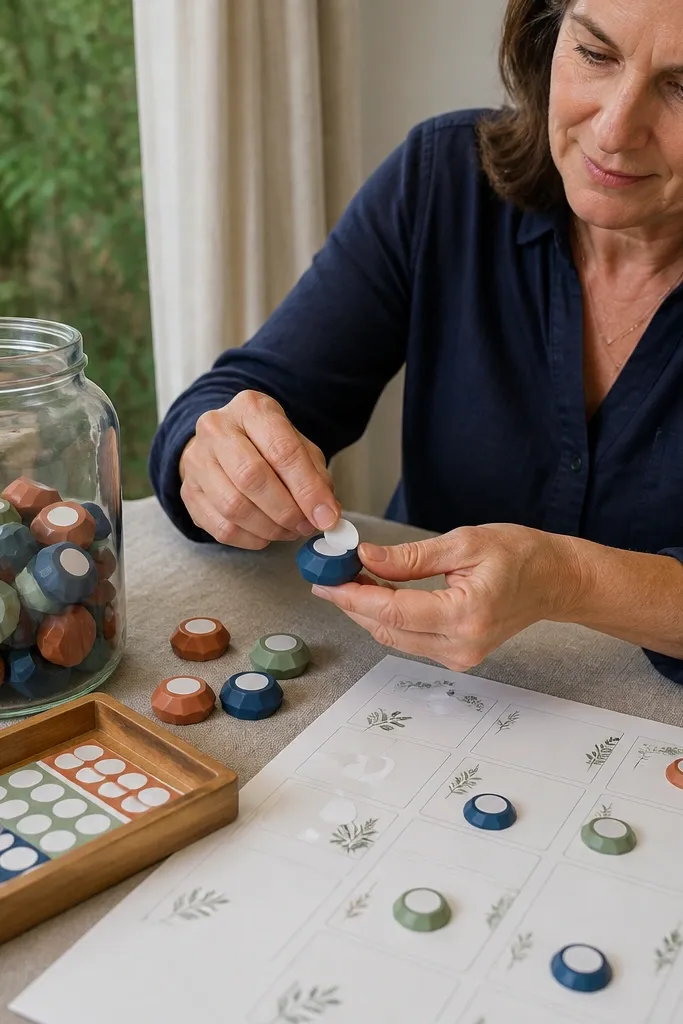 Glass jars filled with tokens labeled for each table, with name stickers nearby
