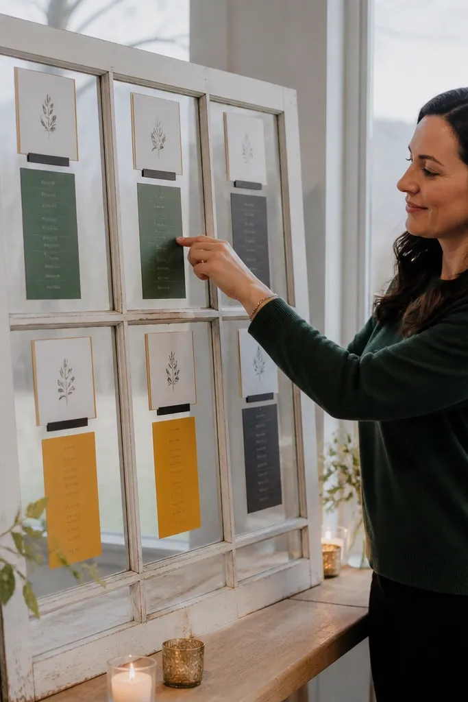 Window-style frame with velcro-backed name cards arranged by table