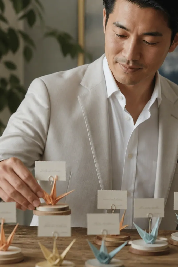 Folded crane decorations holding small name cards for table numbers