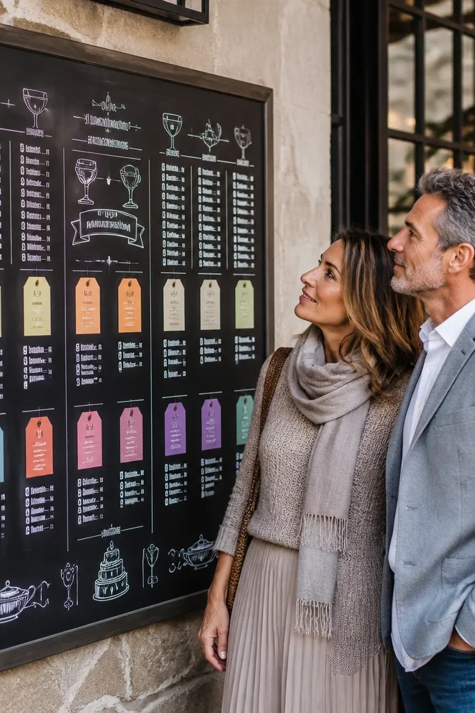 Chalk-style menu board listing names and table numbers like menu items