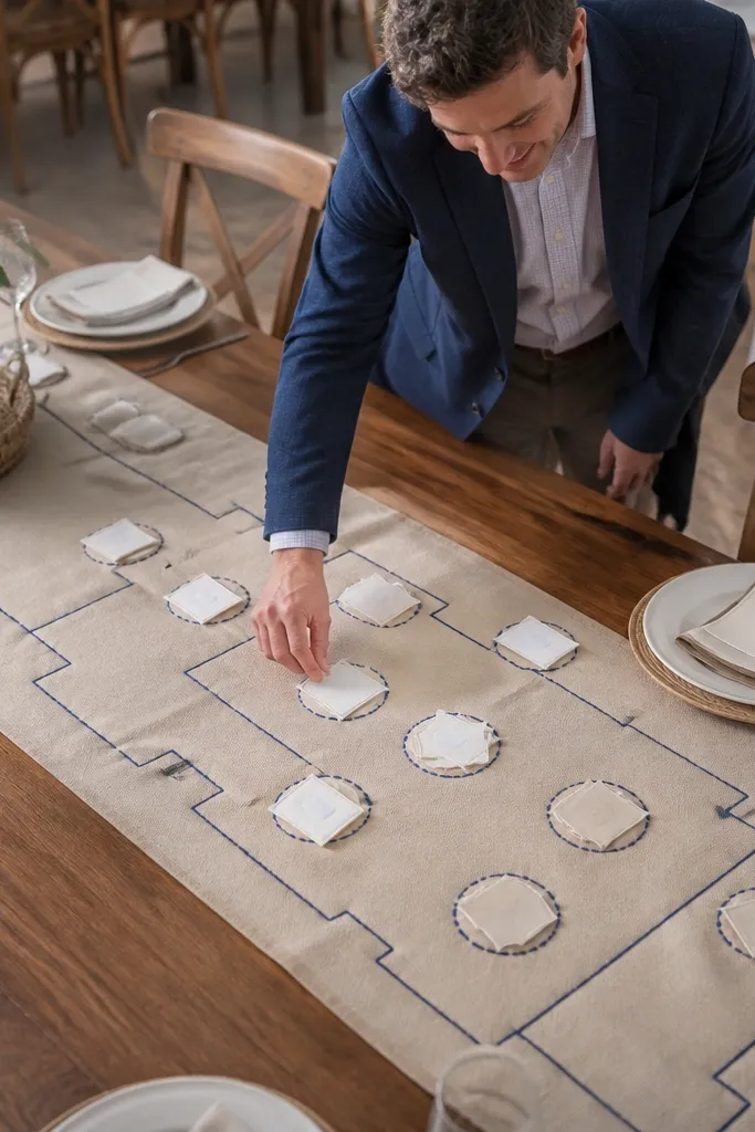 Fabric runner showing a table map with velcro seating cards for each guest