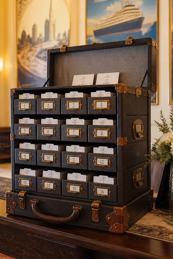 Open vintage suitcase organizer with drawers labeled by table numbers