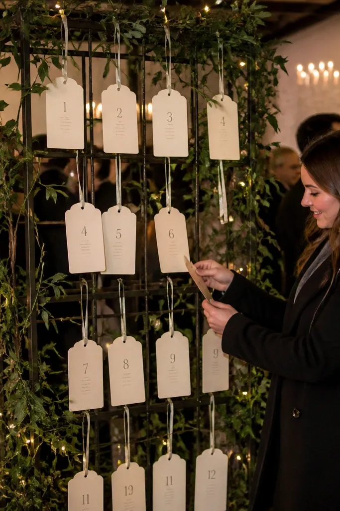 Trellis with hanging name tags arranged by table numbers