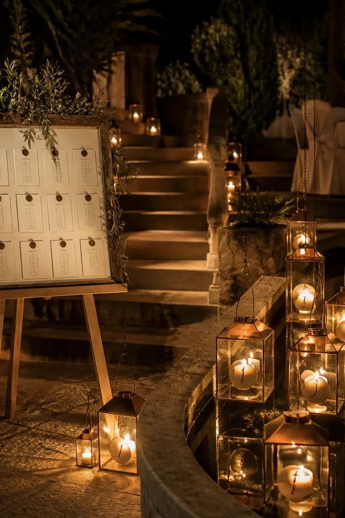 Lanterns arranged around a seating chart with candle labels for table numbers