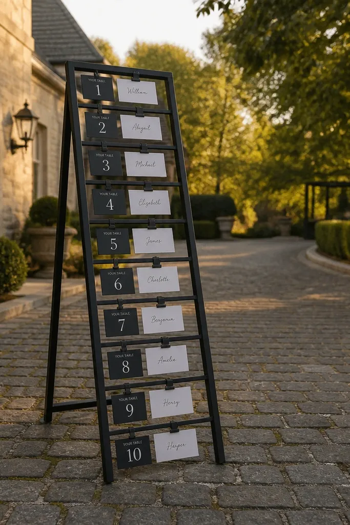 A-frame sign with clip-on rungs holding name cards by table number