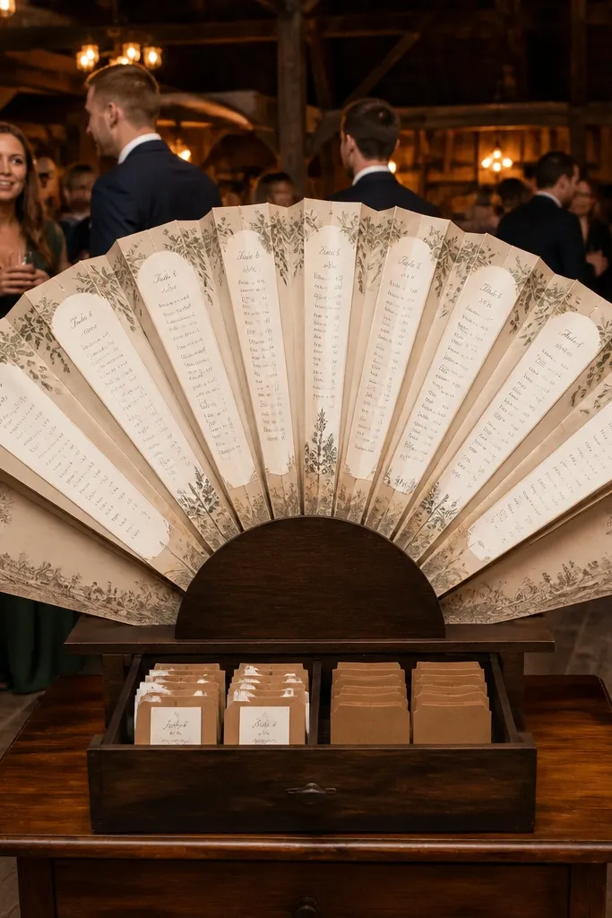 Folding fan display with labeled table slices and name lists
