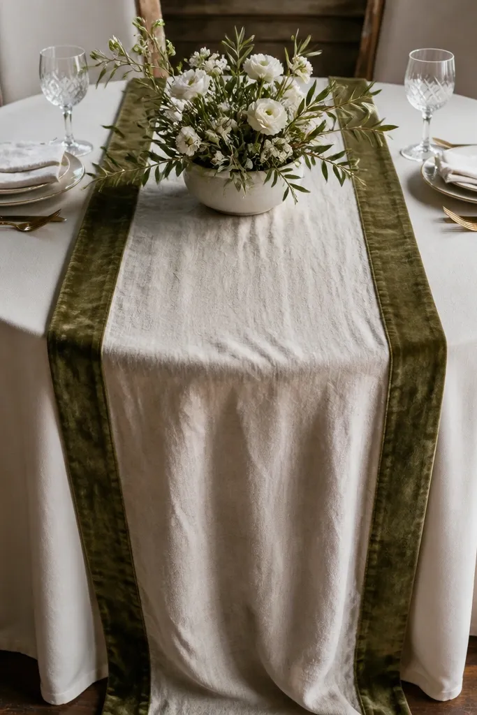 Cream linen runner with olive velvet ribbon border and small white candles on a round table