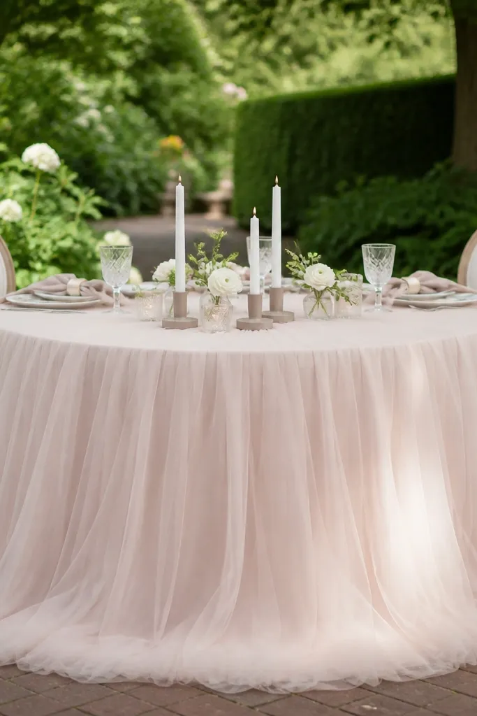 Blush tulle skirt around a round table with champagne satin napkin rings and soft white florals