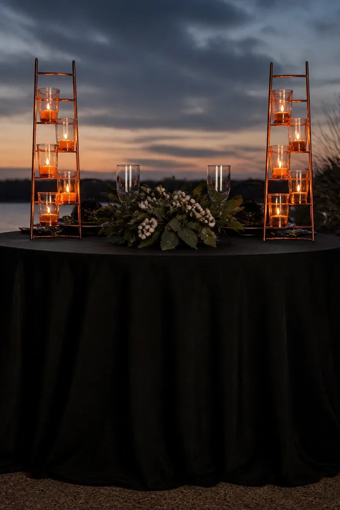 Black tablecloth with copper candle holders and small dark florals centered on a round table