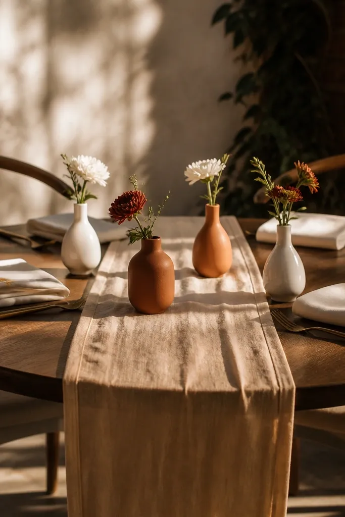 Terracotta and white porcelain bud vases with small white flowers on a round table