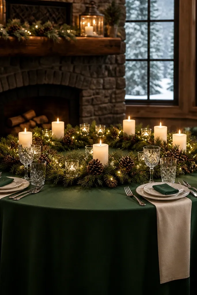 Green evergreen branches in a ring around candles with pine cones and tiny white lights